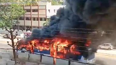 Kerala Bus Fire Video: KSRTC Bus Engulfs in Flames Near MSM College in Alappuzha's Kayamkulam (Watch Video)